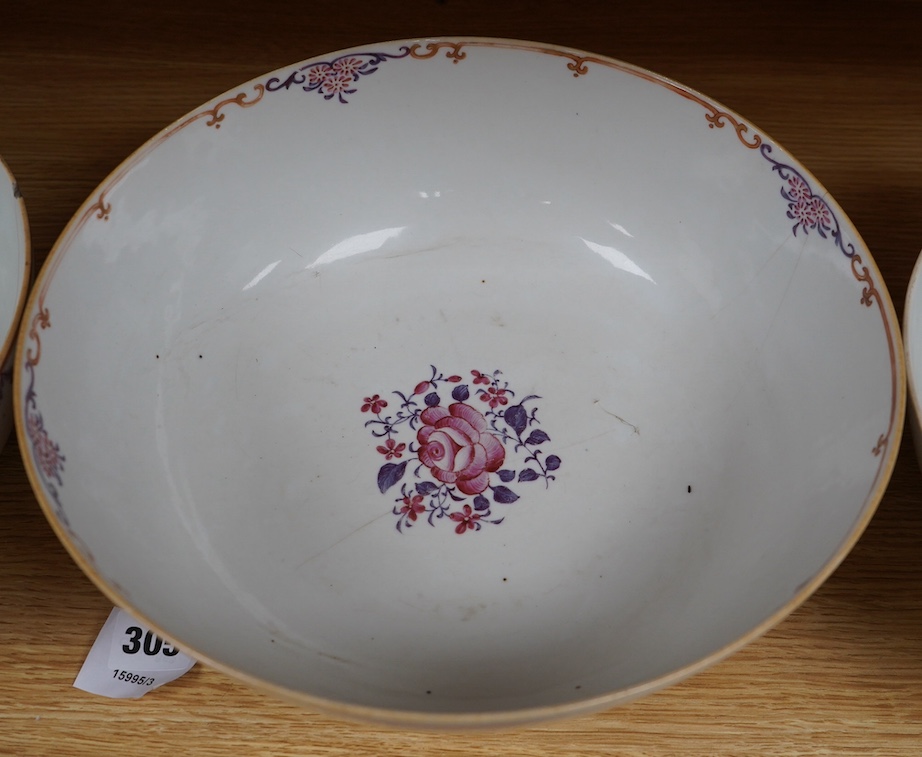 Three late 18th century Chinese porcelain bowls, (all damaged), noticed 28.5cm diameter. Condition - poor.